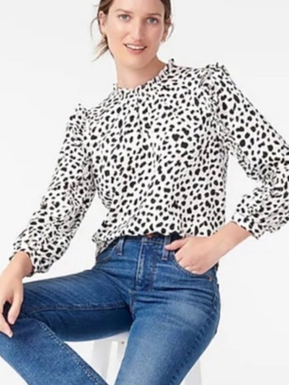 J. Crew XXL Leopard Print Ruffle Long-Sleeve Blouse - Black & White